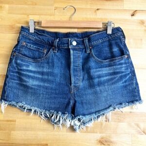 Levi's 501 Denim Shorts Size‎ 30 Blue Distressed Cut Off Frayed Hem Dark Wash